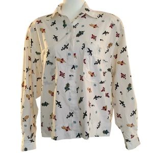 Ilio 100% Cotton Button Down Shirt Jacket Blazer White Floral Nobelty Print Sz L